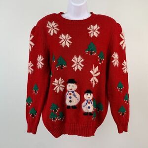 Nordstrom sz M Sweater Red Xmas Ugly Vintage Snowman Snowflakes Wool Blend